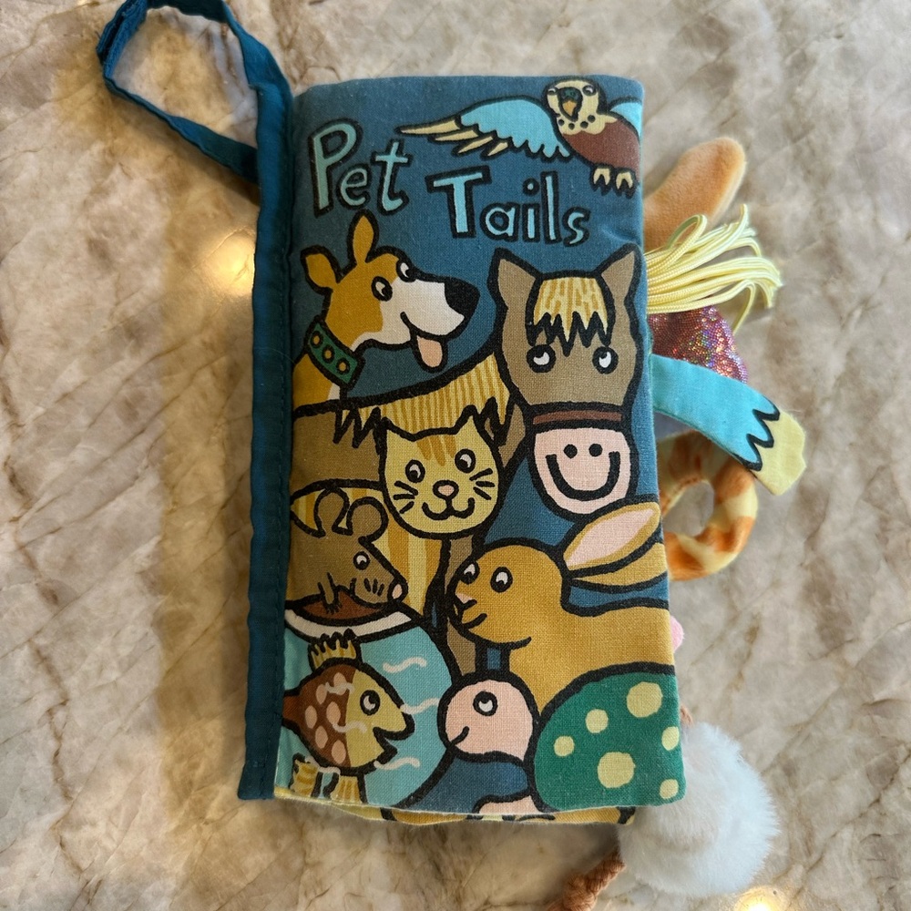 Jellycat Pet Tails Soft Book with Blue and Multicolor Design